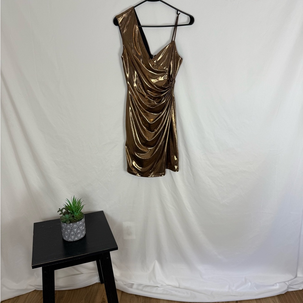 BCBGMaxazria Metallic Copper One Shoulder Draped Mini Dress - Size XXS